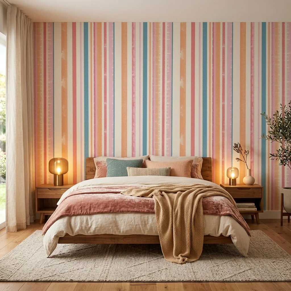 Peach & Flame retro stripe peel and stick wallpaper adding character to a cozy bedroom