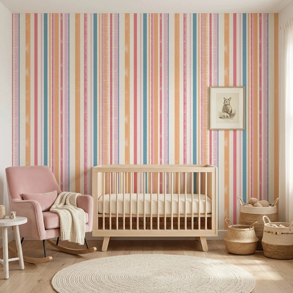 Peach & Flame retro stripe peel and stick wallpaper as a feature wall in a bright home office