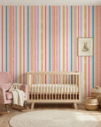 Peach & Flame retro stripe peel and stick wallpaper as a feature wall in a bright home office