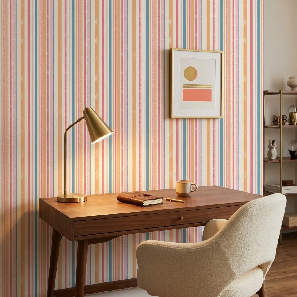 Peach & Flame retro stripe peel and stick wallpaper creating ambiance in a serene bathroom