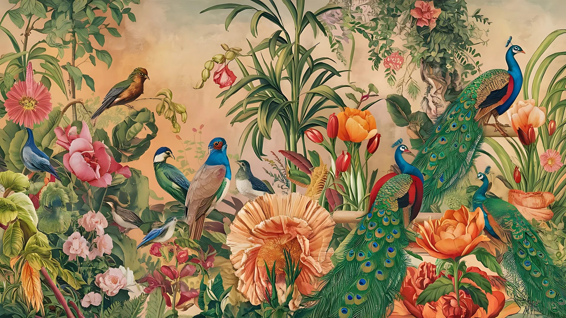 Ornate Peacock Garden wallpaper featuring vibrant peacocks, tropical birds, and blooming florals on warm peach background