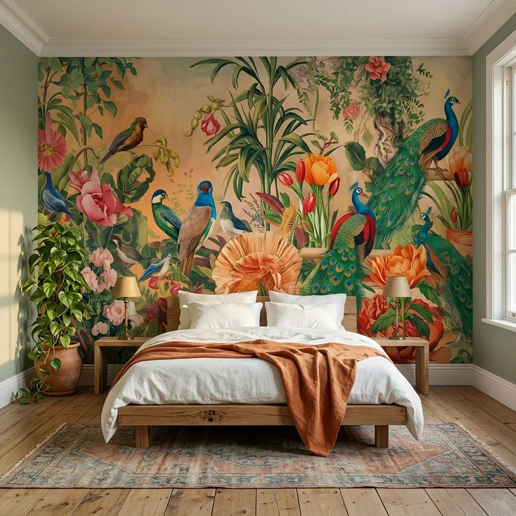 Peacock Garden wallpaper with exotic birds and coral flowers on bedroom accent wall