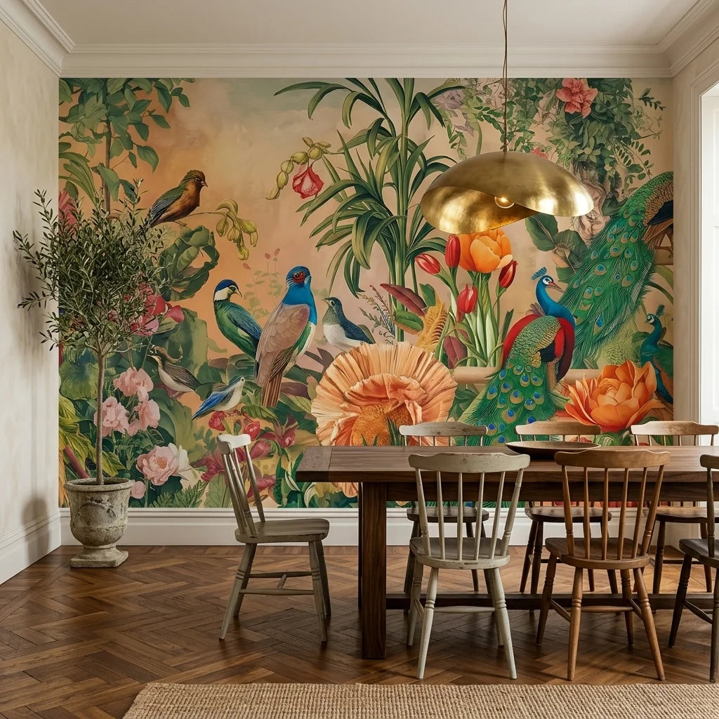 Peacock Garden wallpaper featuring exotic birds, coral peonies, and lush botanicals on peach backdrop in dining room