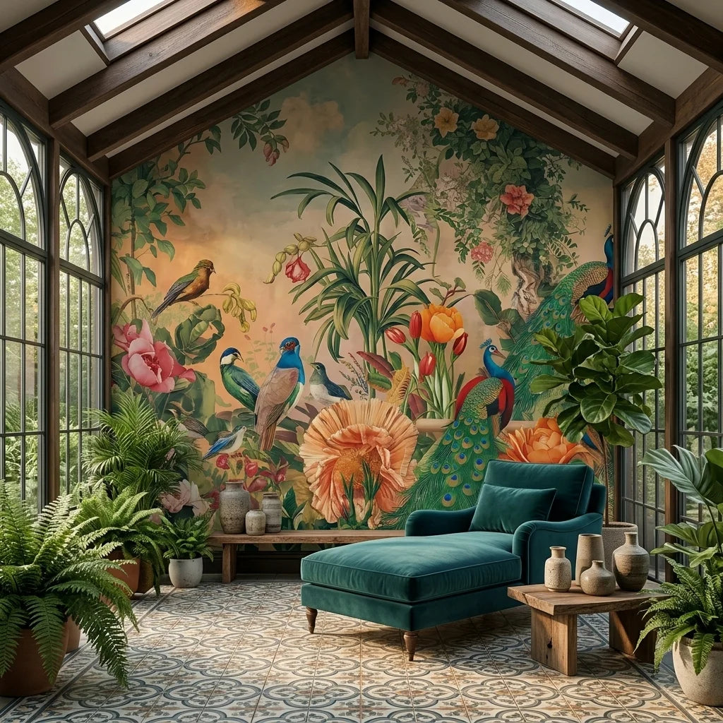 Peacock Garden wallpaper with tropical birds and florals in sunlit conservatory with teal velvet chaise