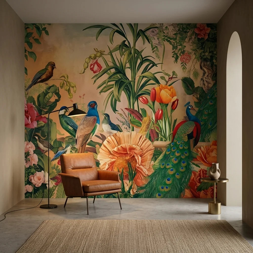 Coral and teal Peacock Garden peel and stick wallpaper with exotic birds and tropical florals in modern living room