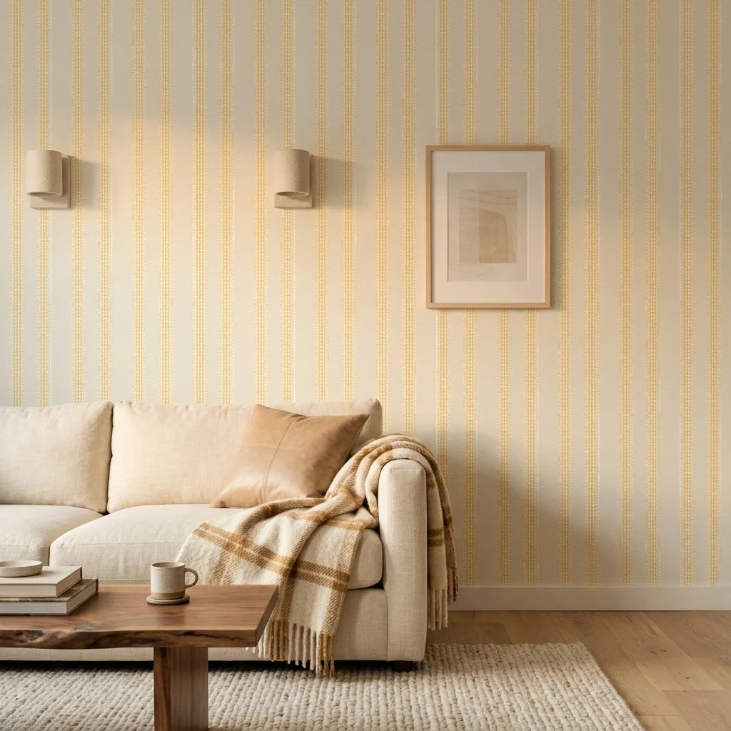 Pearl Column yellow boho peel and stick wallpaper in a warm and inviting living room