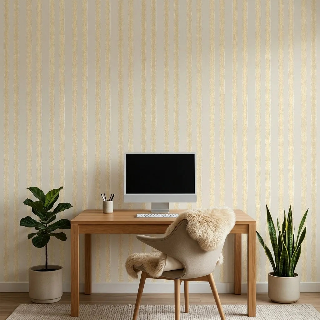 Pearl Column yellow boho peel and stick wallpaper as a feature wall in a bright home office