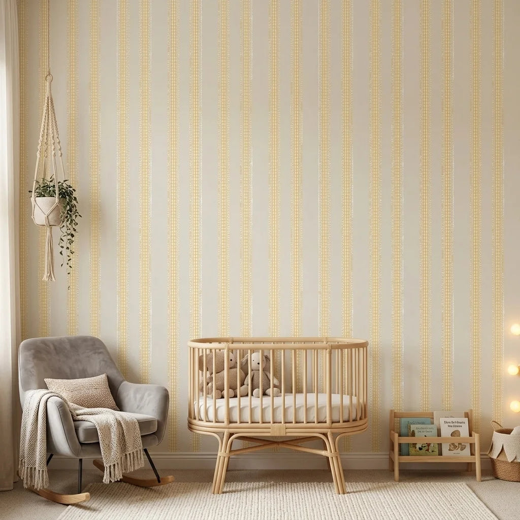 Pearl Column yellow boho peel and stick wallpaper creating ambiance in a serene bathroom