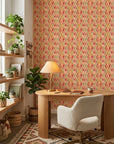 Pebble Lattice soft stone rhythm wallpaper as a feature wall in a bright home office