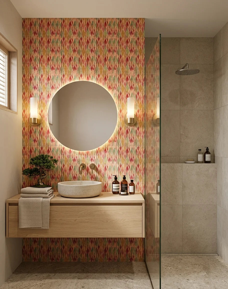 Pebble Lattice soft stone rhythm wallpaper creating ambiance in a serene bathroom