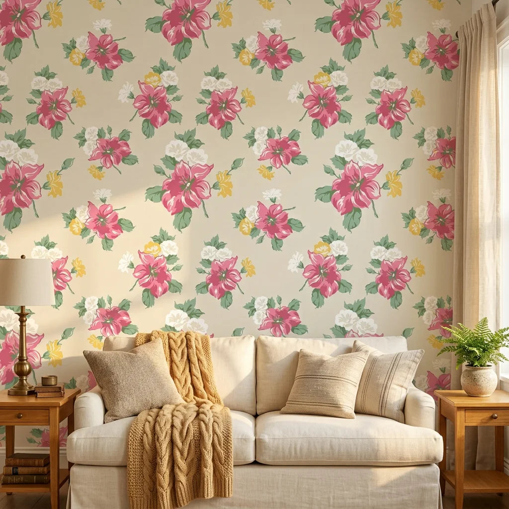 Peony Reverie pink vintage floral wallpaper in a warm and inviting living room