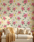 Peony Reverie pink vintage floral wallpaper in a warm and inviting living room