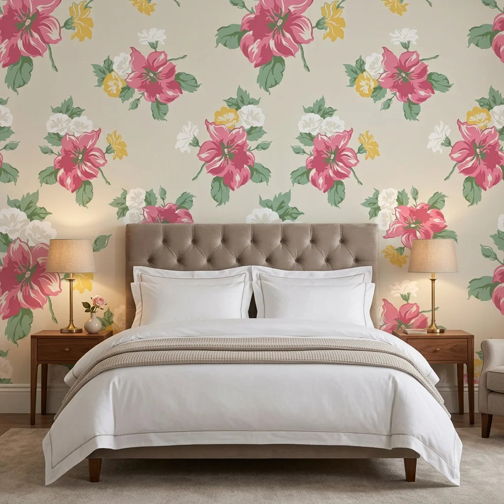 Peony Reverie pink vintage floral wallpaper adding character to a cozy bedroom