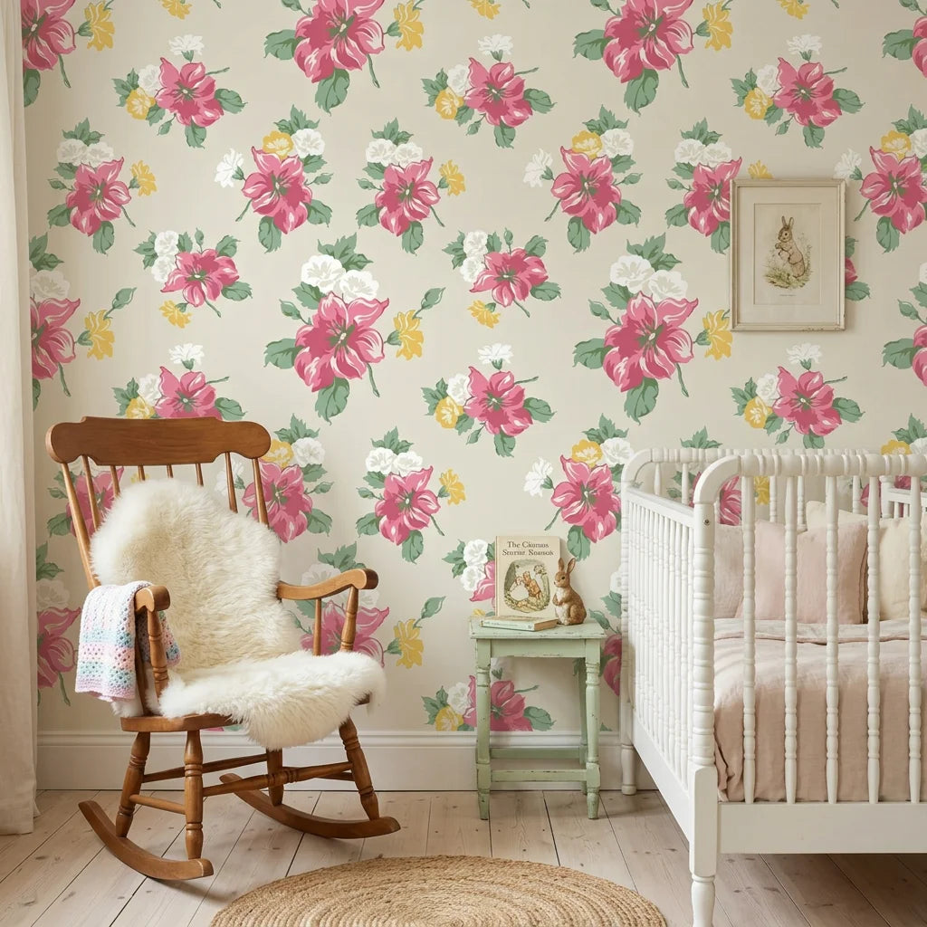 Peony Reverie pink vintage floral wallpaper as a feature wall in a bright home office
