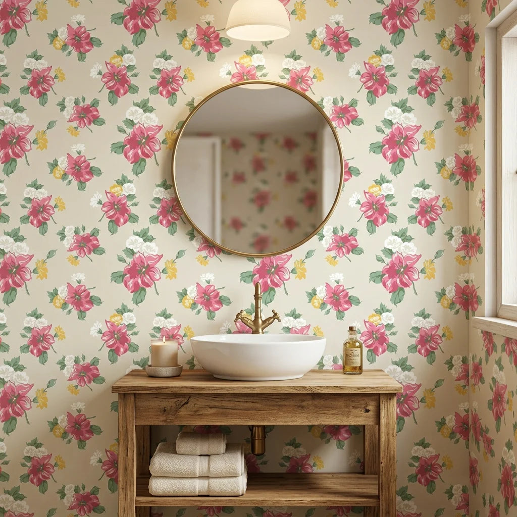 Peony Reverie pink vintage floral wallpaper creating ambiance in a serene bathroom