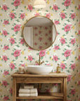 Peony Reverie pink vintage floral wallpaper creating ambiance in a serene bathroom