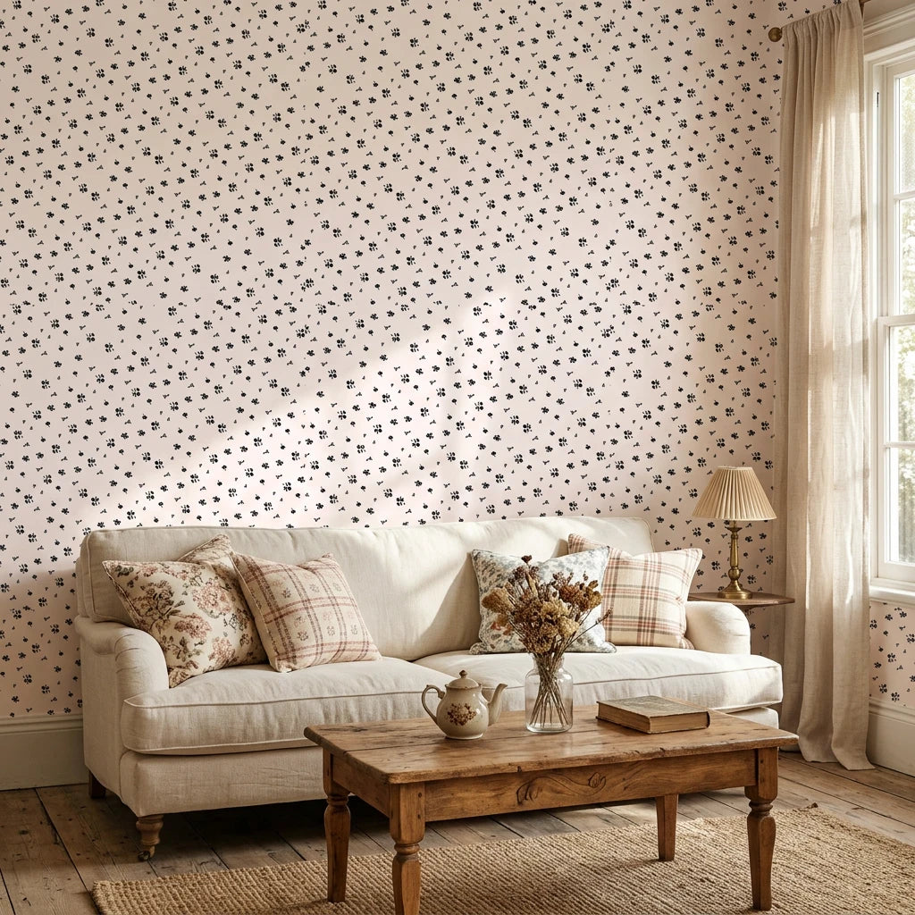 Pepper Blush delicate black ditsy floral wallpaper in a warm and inviting living room