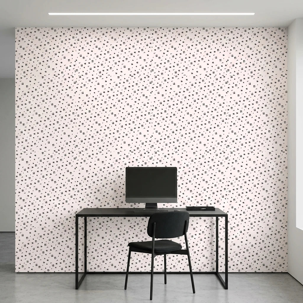 Pepper Blush delicate black ditsy floral wallpaper as a feature wall in a bright home office