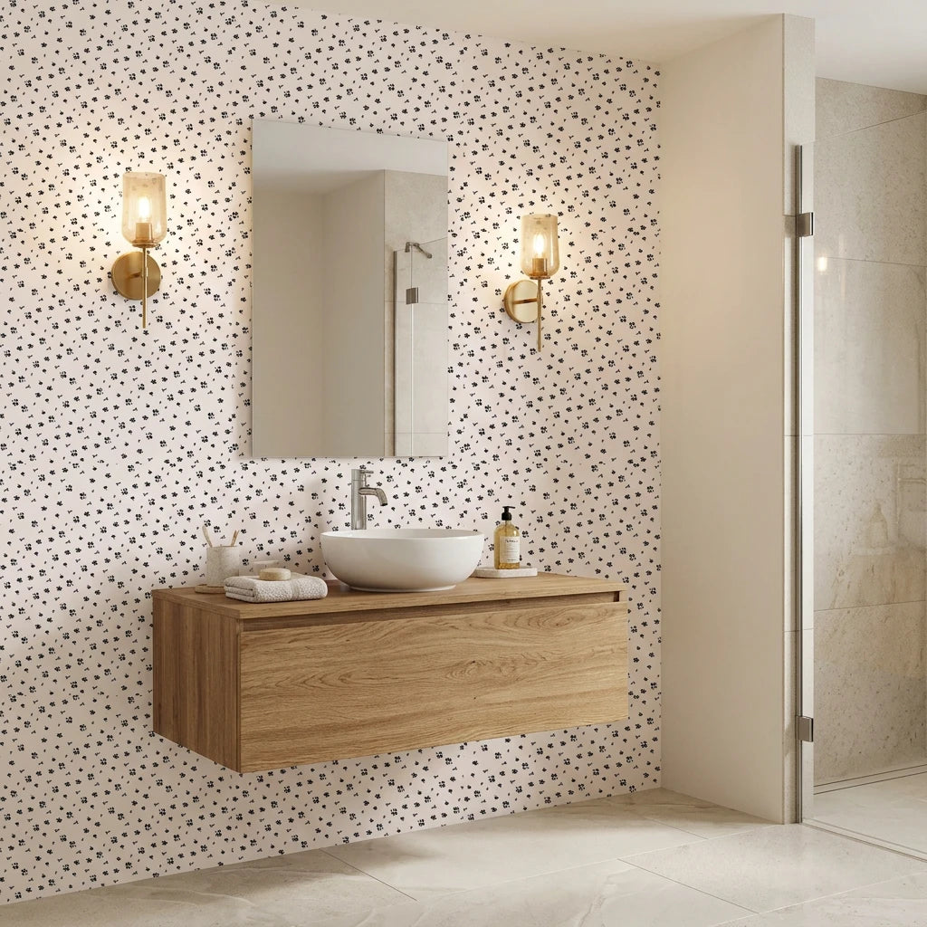 Pepper Blush delicate black ditsy floral wallpaper creating ambiance in a serene bathroom
