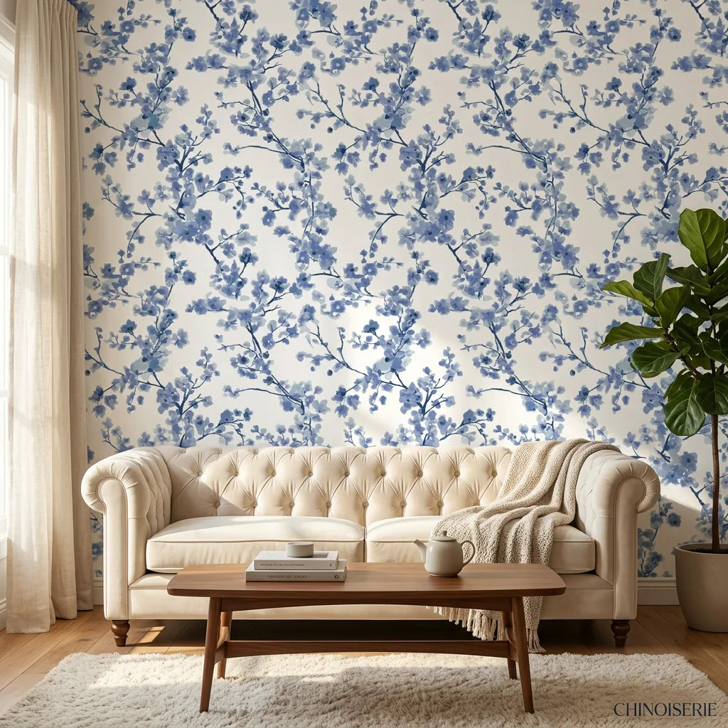 Periwinkle Blossom elegant blue floral wallpaper in a warm and inviting living room