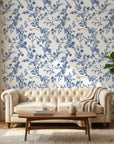 Periwinkle Blossom elegant blue floral wallpaper in a warm and inviting living room