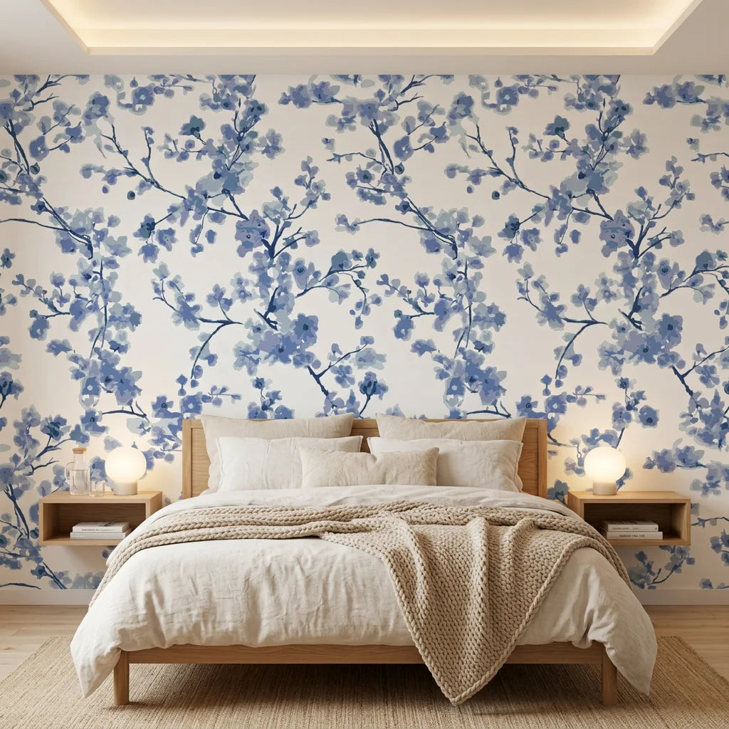 Periwinkle Blossom elegant blue floral wallpaper adding character to a cozy bedroom