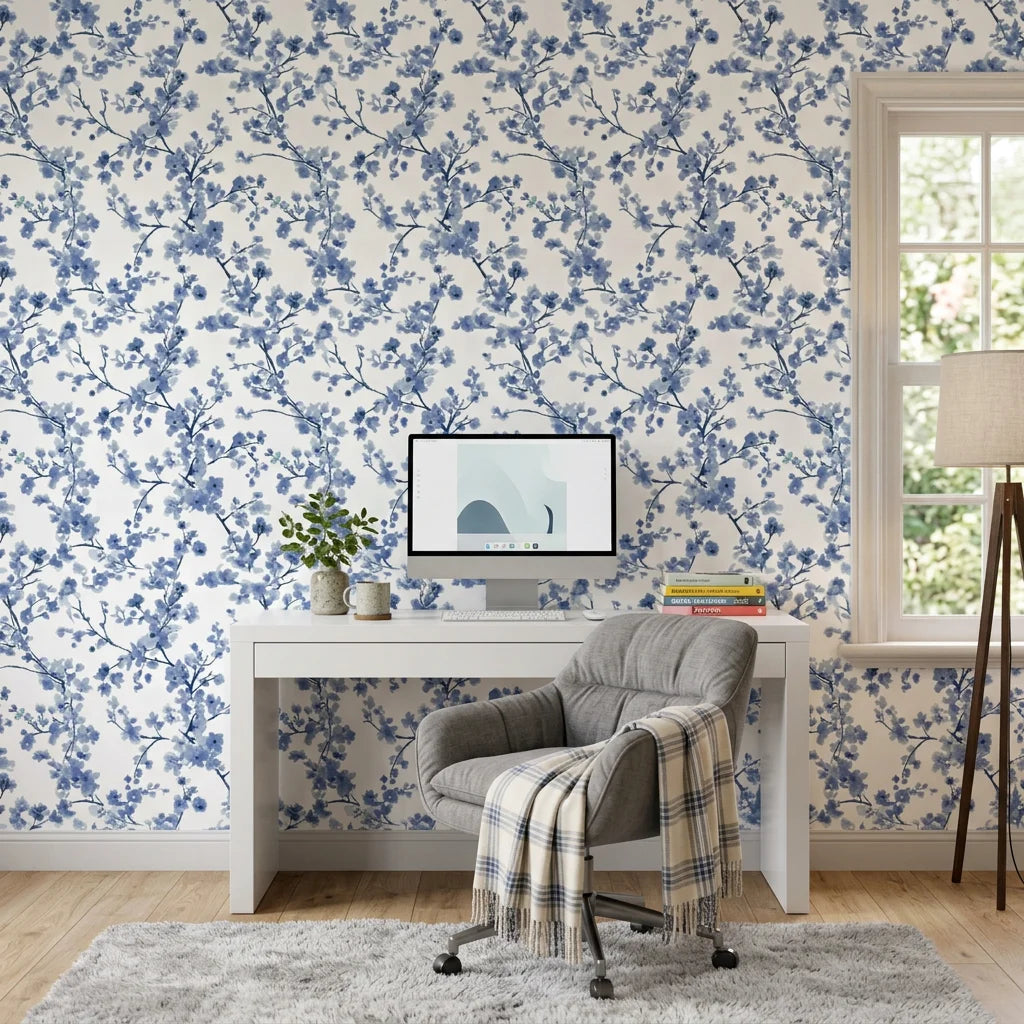 Periwinkle Blossom elegant blue floral wallpaper as a feature wall in a bright home office