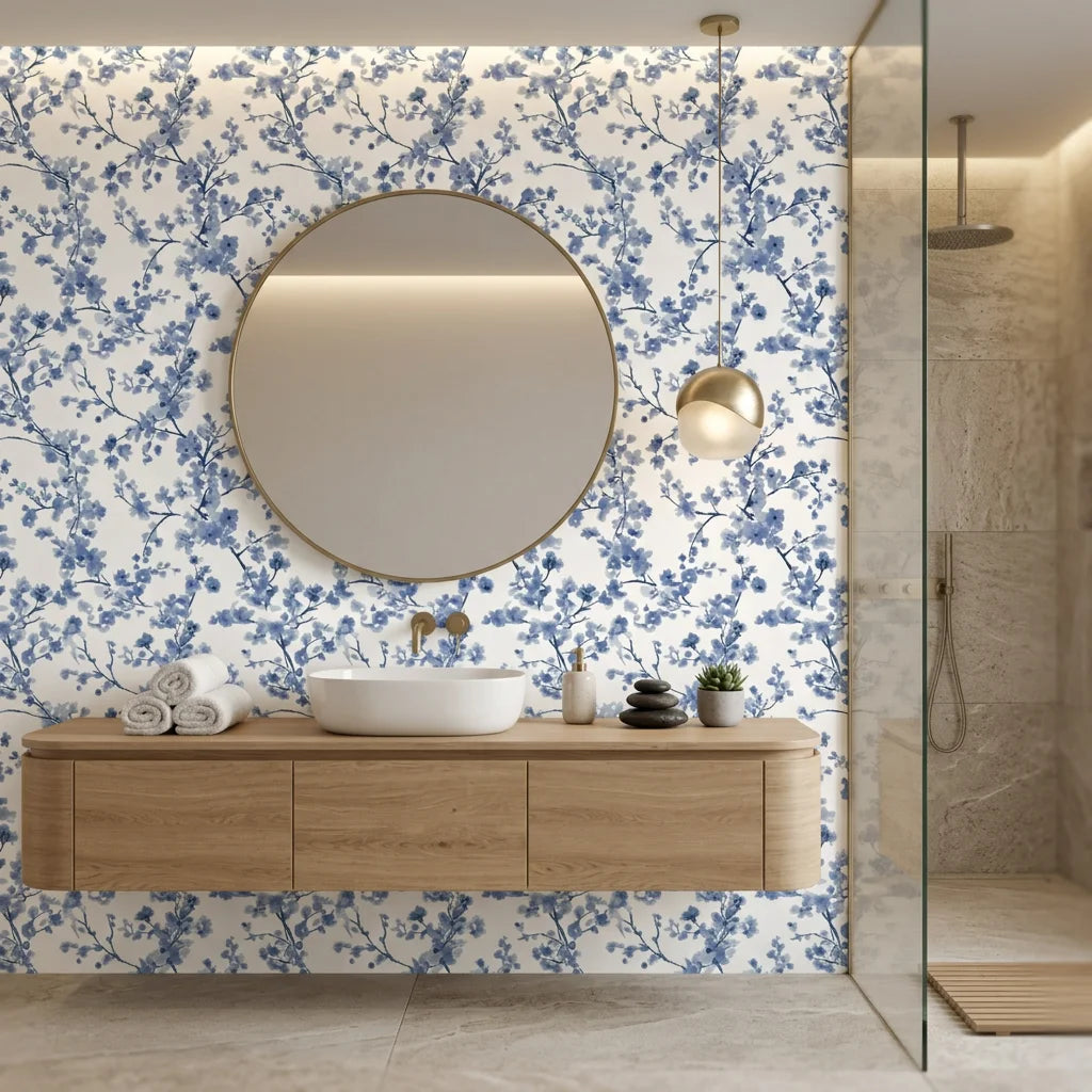 Periwinkle Blossom elegant blue floral wallpaper creating ambiance in a serene bathroom