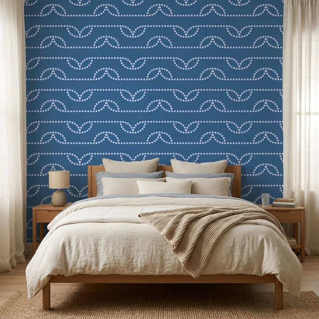 Periwinkle Drift blue dotted wave wallpaper creating ambiance in a serene bathroom