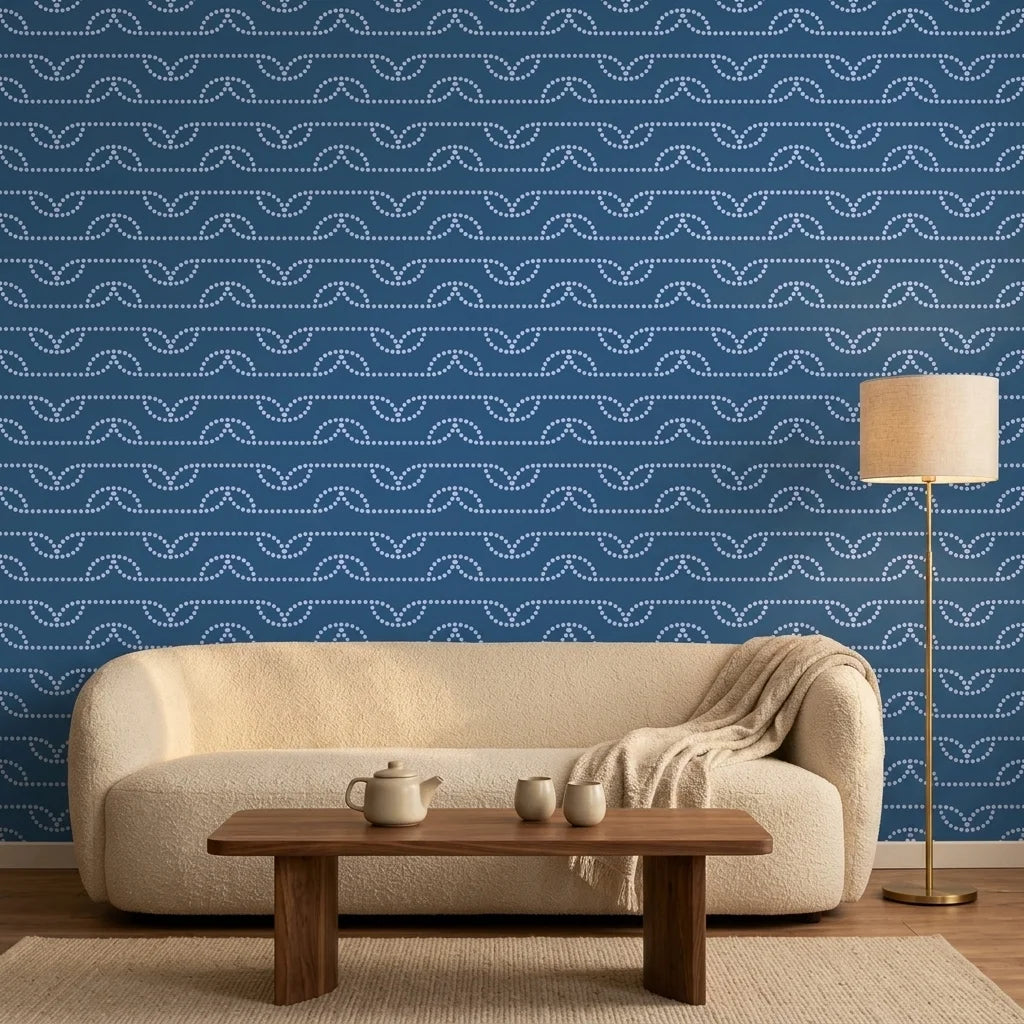 Periwinkle Drift blue dotted wave wallpaper in a warm and inviting living room