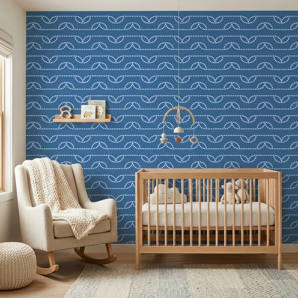 Periwinkle Drift blue dotted wave wallpaper adding character to a cozy bedroom