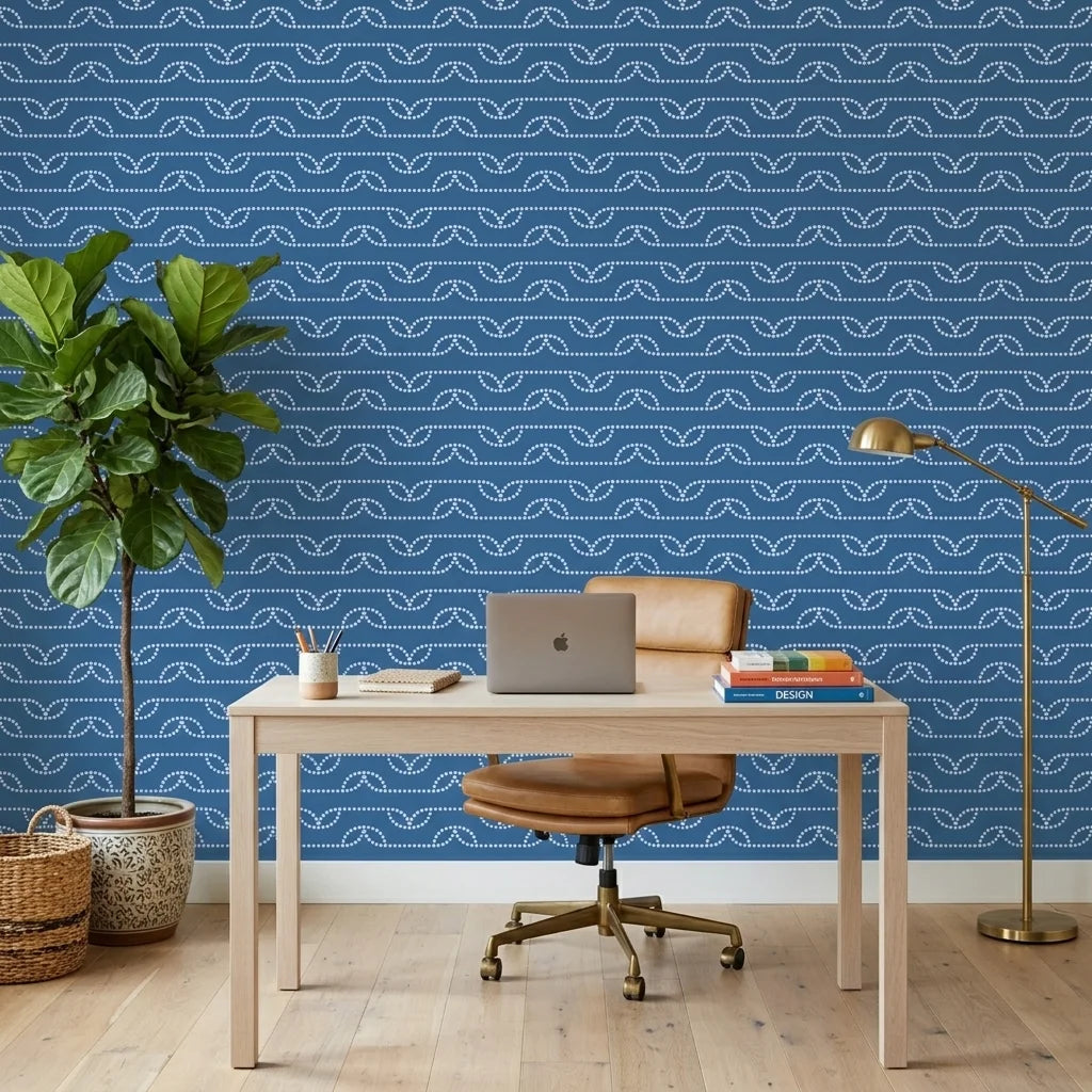 Periwinkle Drift blue dotted wave wallpaper as a feature wall in a bright home office