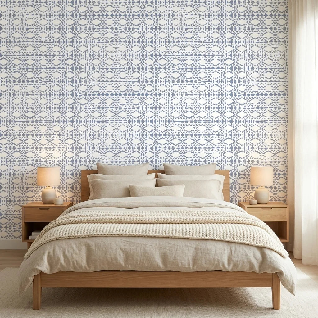 Periwinkle Shores blue geometric peel and stick wallpaper in a warm and inviting living room
