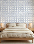 Periwinkle Shores blue geometric peel and stick wallpaper in a warm and inviting living room