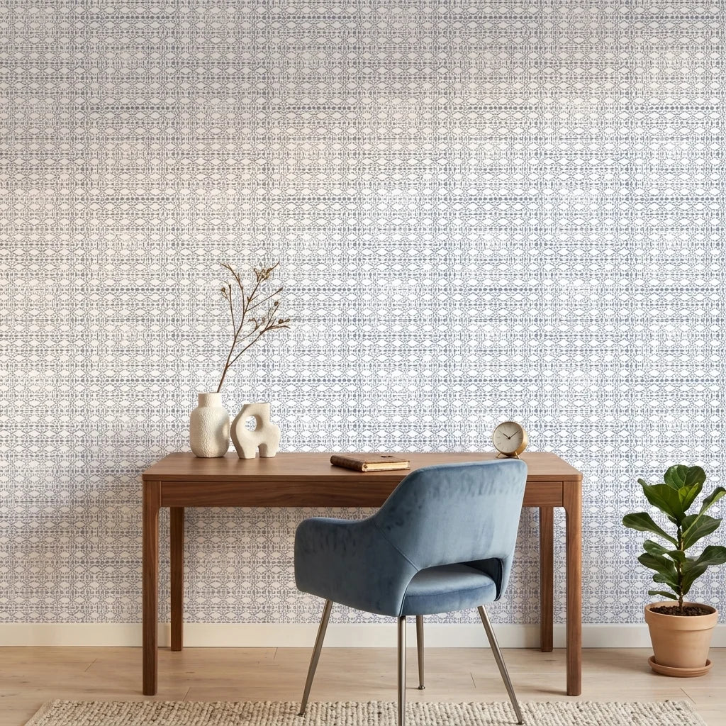 Periwinkle Shores blue geometric peel and stick wallpaper as a feature wall in a bright home office