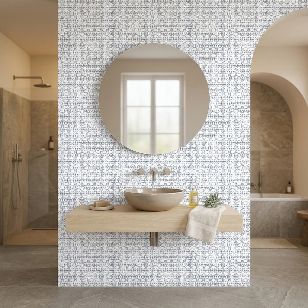 Periwinkle Shores blue geometric peel and stick wallpaper creating ambiance in a serene bathroom