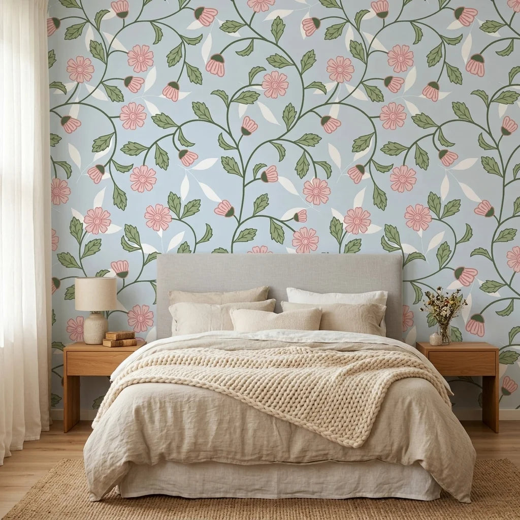 Petal Blush pink floral peel and stick wallpaper in a warm and inviting living room