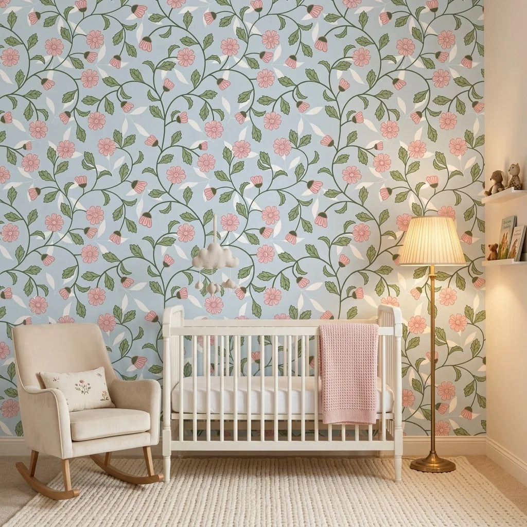 Petal Blush pink floral peel and stick wallpaper adding character to a cozy bedroom