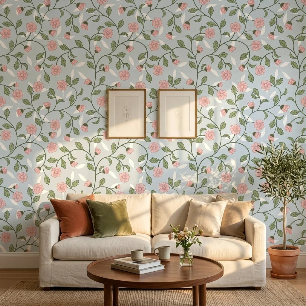 Petal Blush pink floral peel and stick wallpaper as a feature wall in a bright home office