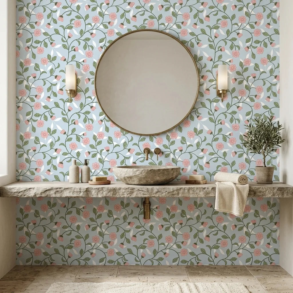 Petal Blush pink floral peel and stick wallpaper creating ambiance in a serene bathroom