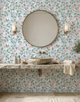Petal Blush pink floral peel and stick wallpaper creating ambiance in a serene bathroom