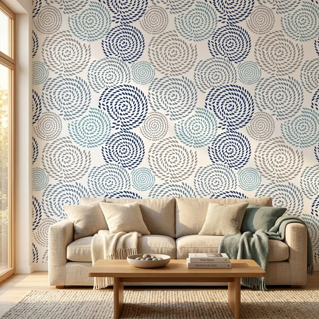 Petal Cascade blue swirls peel and stick wallpaper in a warm and inviting living room