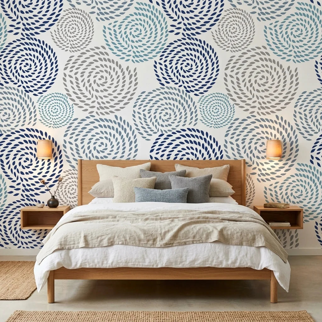 Petal Cascade blue swirls peel and stick wallpaper adding character to a cozy bedroom
