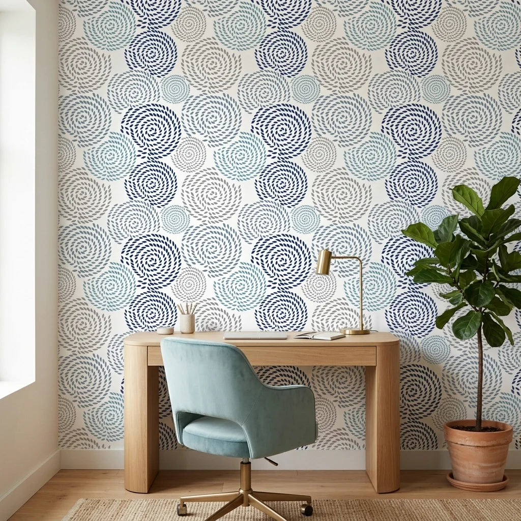 Petal Cascade blue swirls peel and stick wallpaper as a feature wall in a bright home office