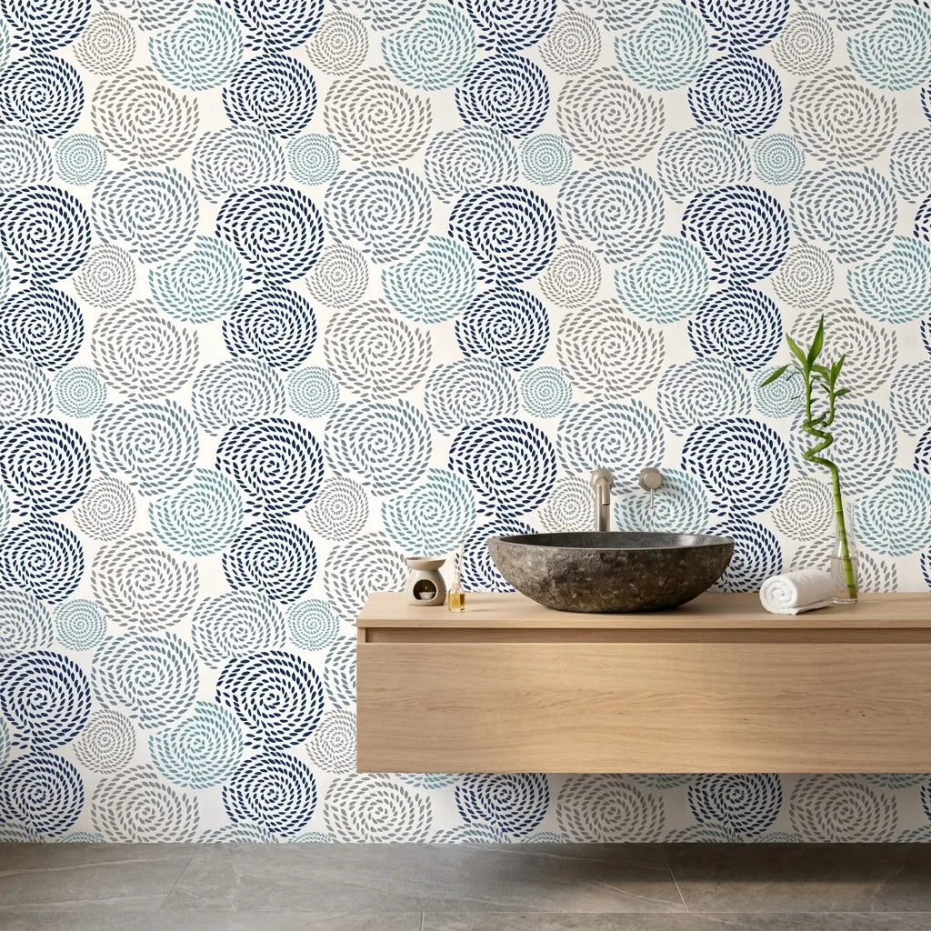 Petal Cascade blue swirls peel and stick wallpaper creating ambiance in a serene bathroom