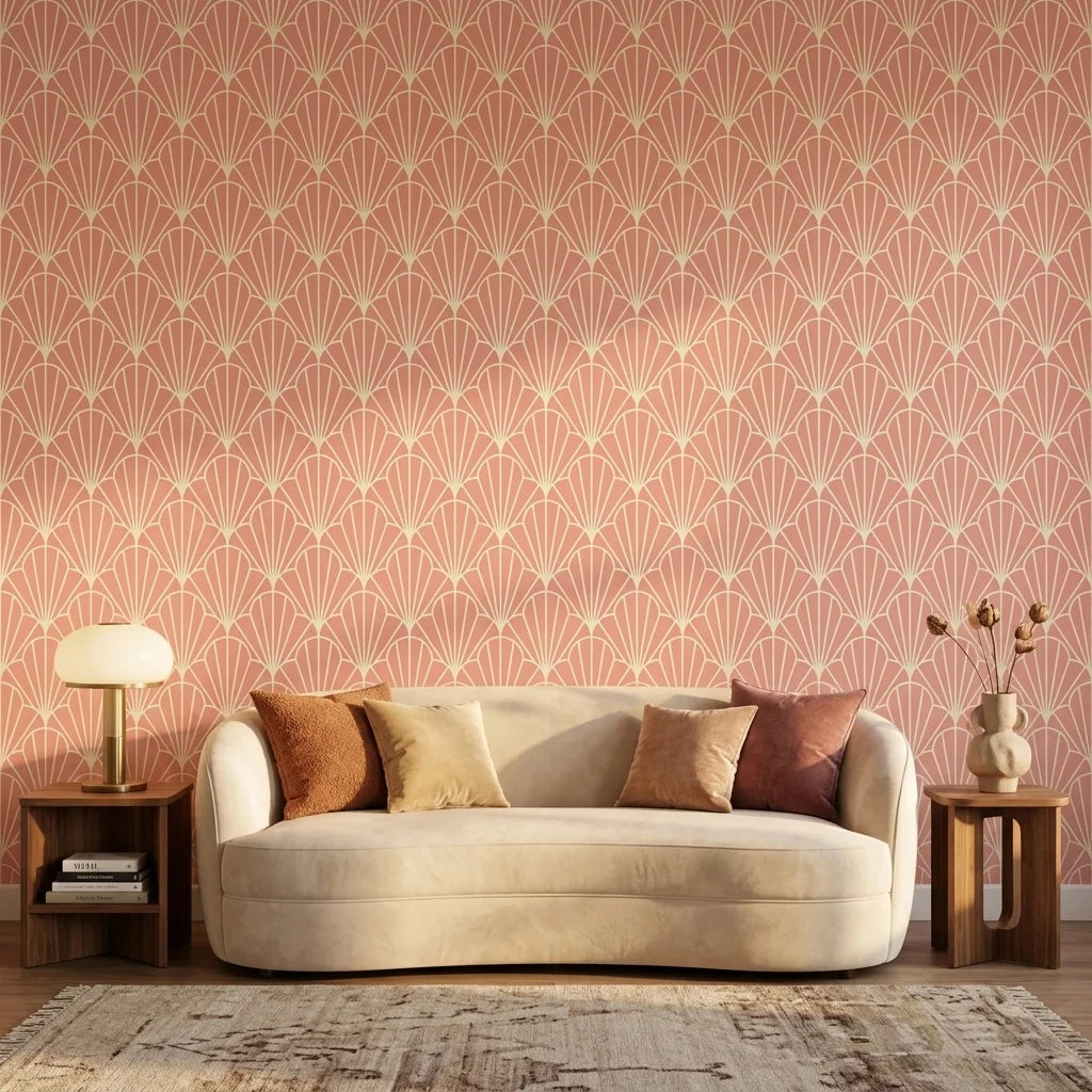 Petal Dawn blush pink and cream art deco fan wallpaper creating ambiance in a serene bathroom