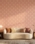 Petal Dawn blush pink and cream art deco fan wallpaper creating ambiance in a serene bathroom