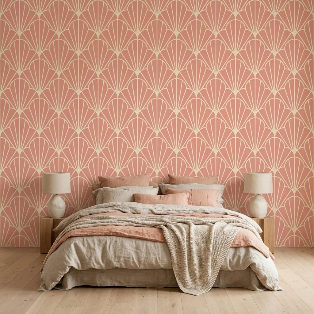 Petal Dawn blush pink and cream art deco fan wallpaper in a warm and inviting living room