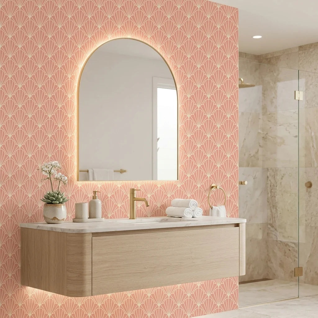 Petal Dawn blush pink and cream art deco fan wallpaper adding character to a cozy bedroom