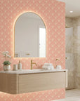 Petal Dawn blush pink and cream art deco fan wallpaper adding character to a cozy bedroom